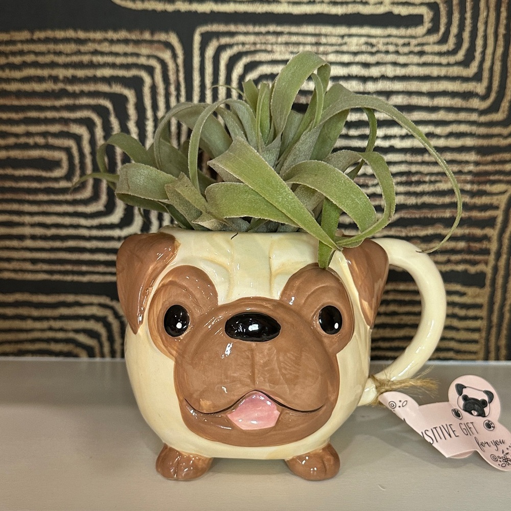 Cute Pug Planter Mug with Greenery